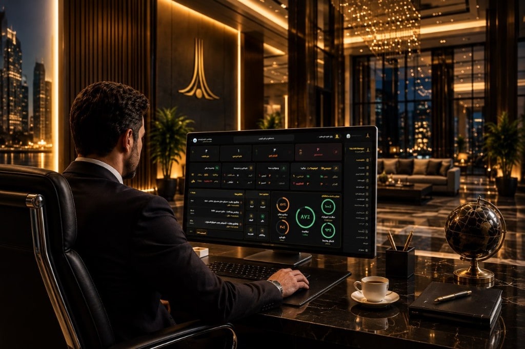 مدیر ساختمان در اتاق کار لوکس با داشبورد TAJ HUB