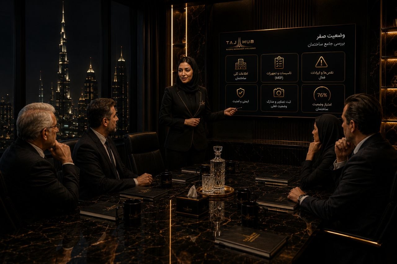 جلسه تیم TAJ HUB با ارائه وضعیت صفر ساختمان روی صفحهنمایش